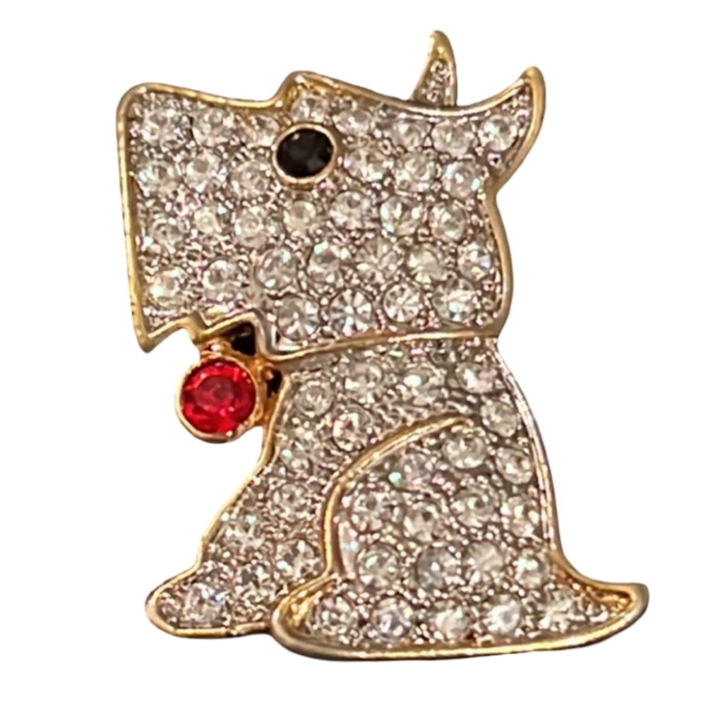 Vintage Gold Plated Paved Swarovski Crystal Rhinestone Scotty Dog Bling Brooch